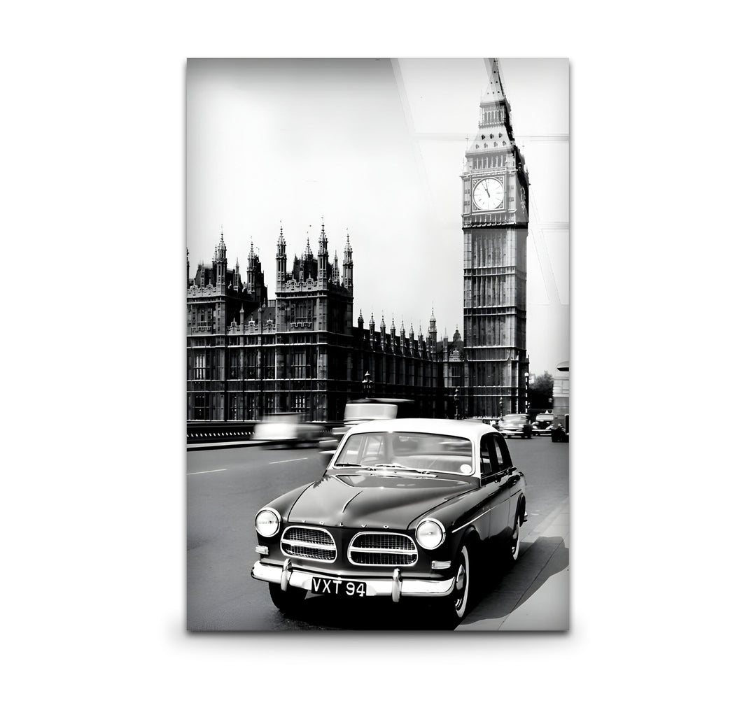 Elegant black and white wall art featuring a vintage view of an old London street with intricate details.