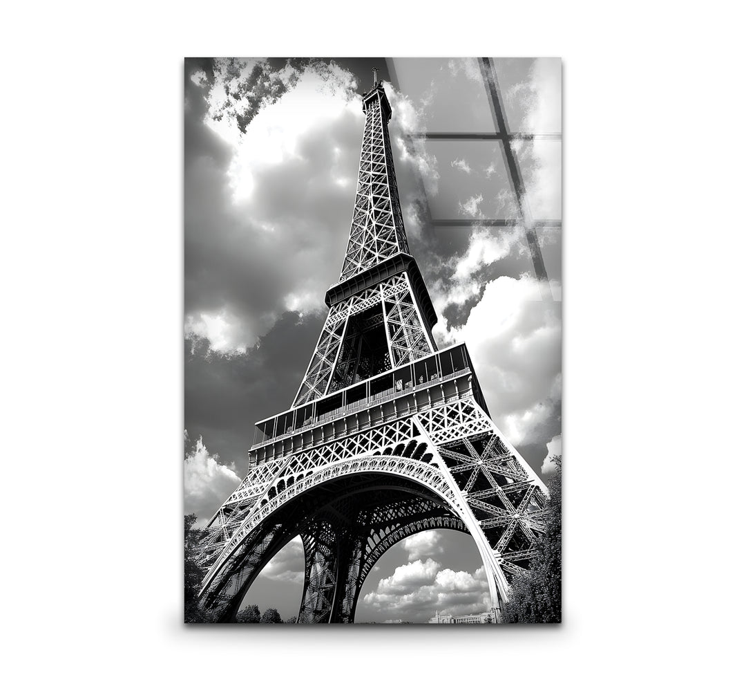 Black and white art featuring a close-up view of the Eiffel Tower with intricate architectural details
