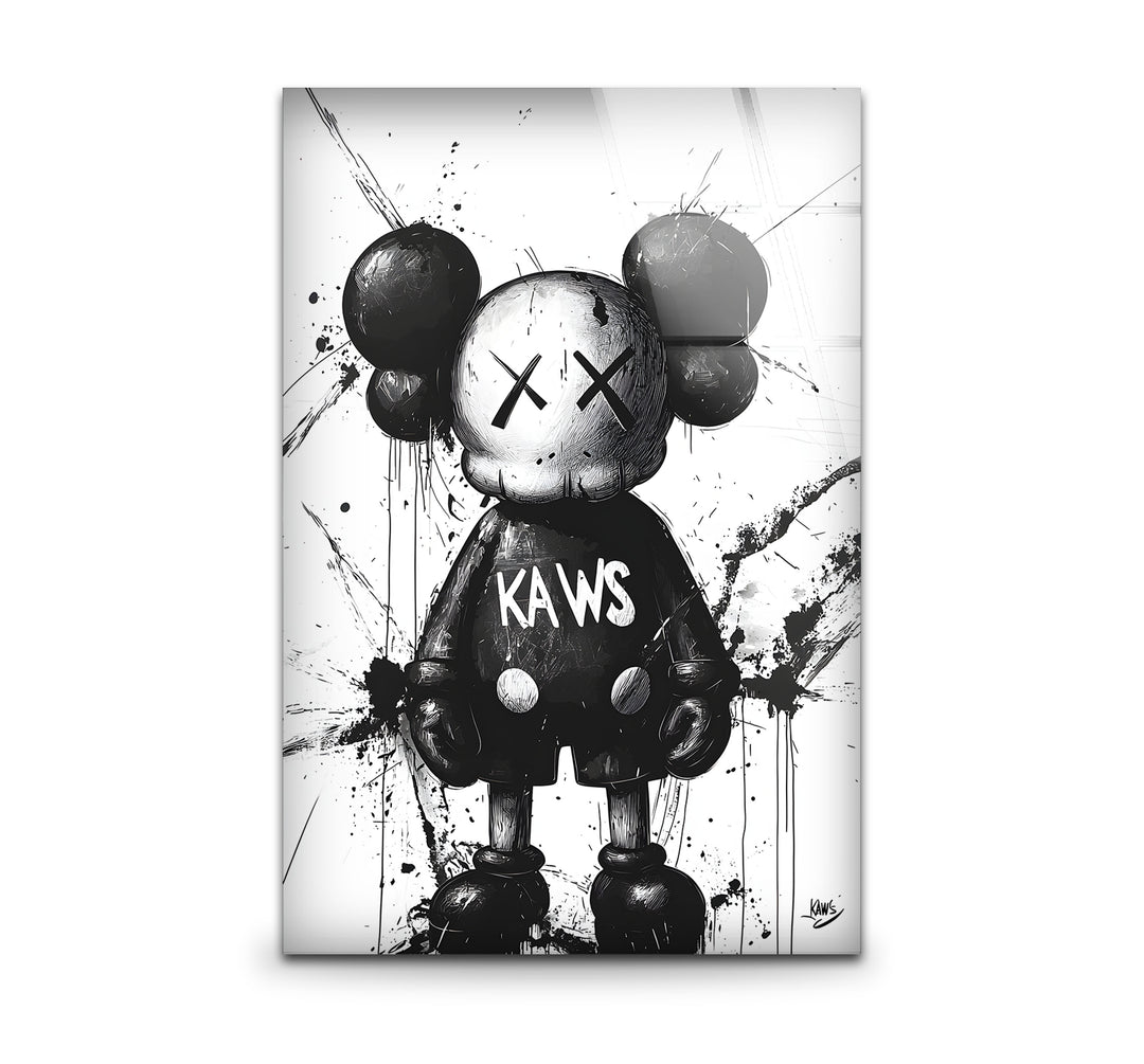 Bold black and white wall art featuring a unique Mickey x Kaws collaboration with artistic flair.