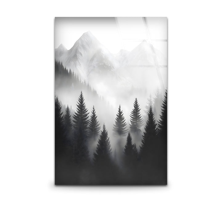 Black and white art featuring a serene misty mountain landscape with soft contrasts
