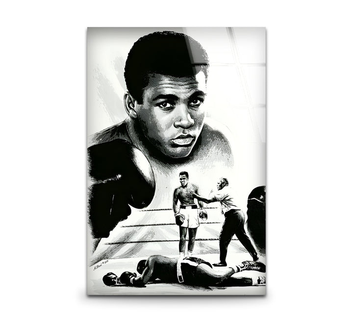 Bold black and white wall art featuring an iconic portrait of Muhammad Ali in dramatic detail.