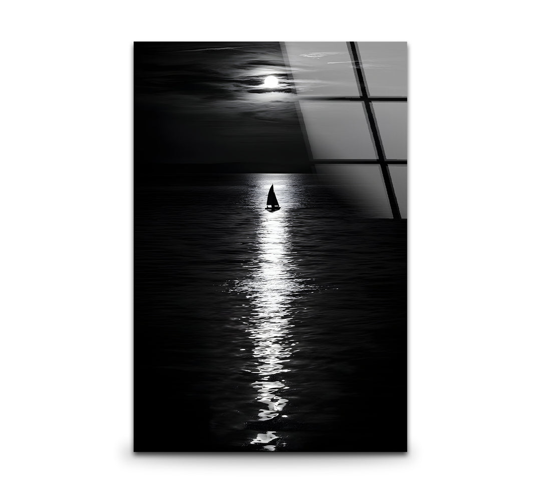 Elegant black and white wall art featuring a serene moonlit landscape with intricate details.