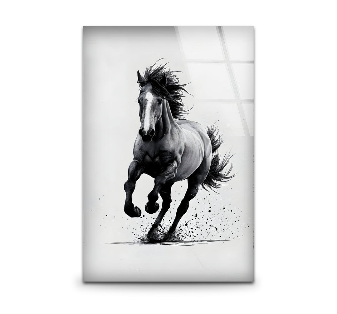 Dynamic black and white wall art featuring a powerful running horse in bold, abstract strokes.