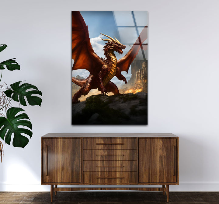 Red Dragon: A bold red dragon standing against the flames, bringing epic energy to any room.
