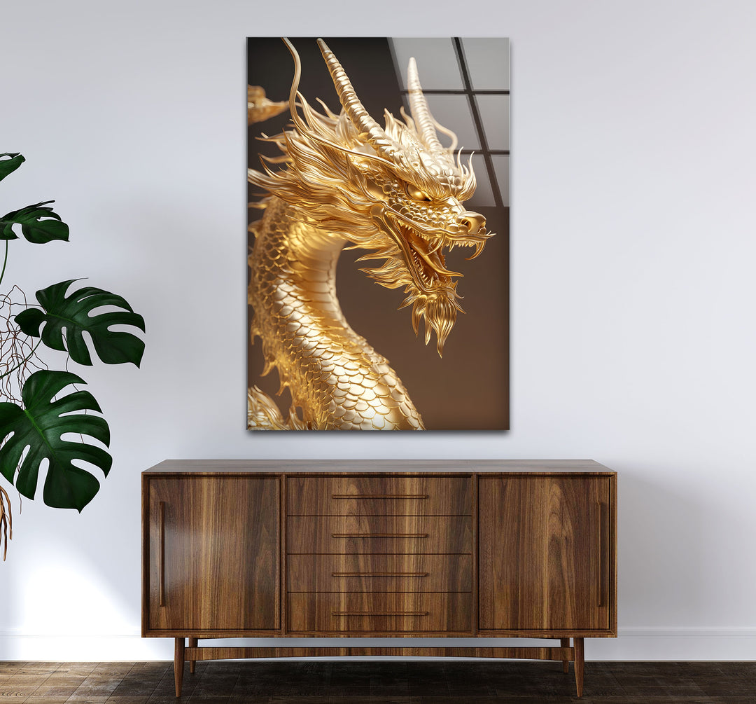 Bring strength and elegance into your home with a detailed golden dragon, captured in a captivating glass wall art.
