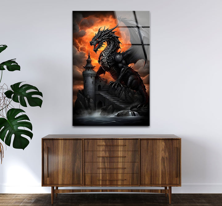 Dark Dragon: A dragon ascending a fortress with fiery skies, ideal for bold home decor.
