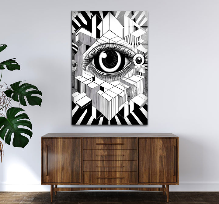 Bold black and white framed art of a surrealist eye blending creativity with artistic sophistication
