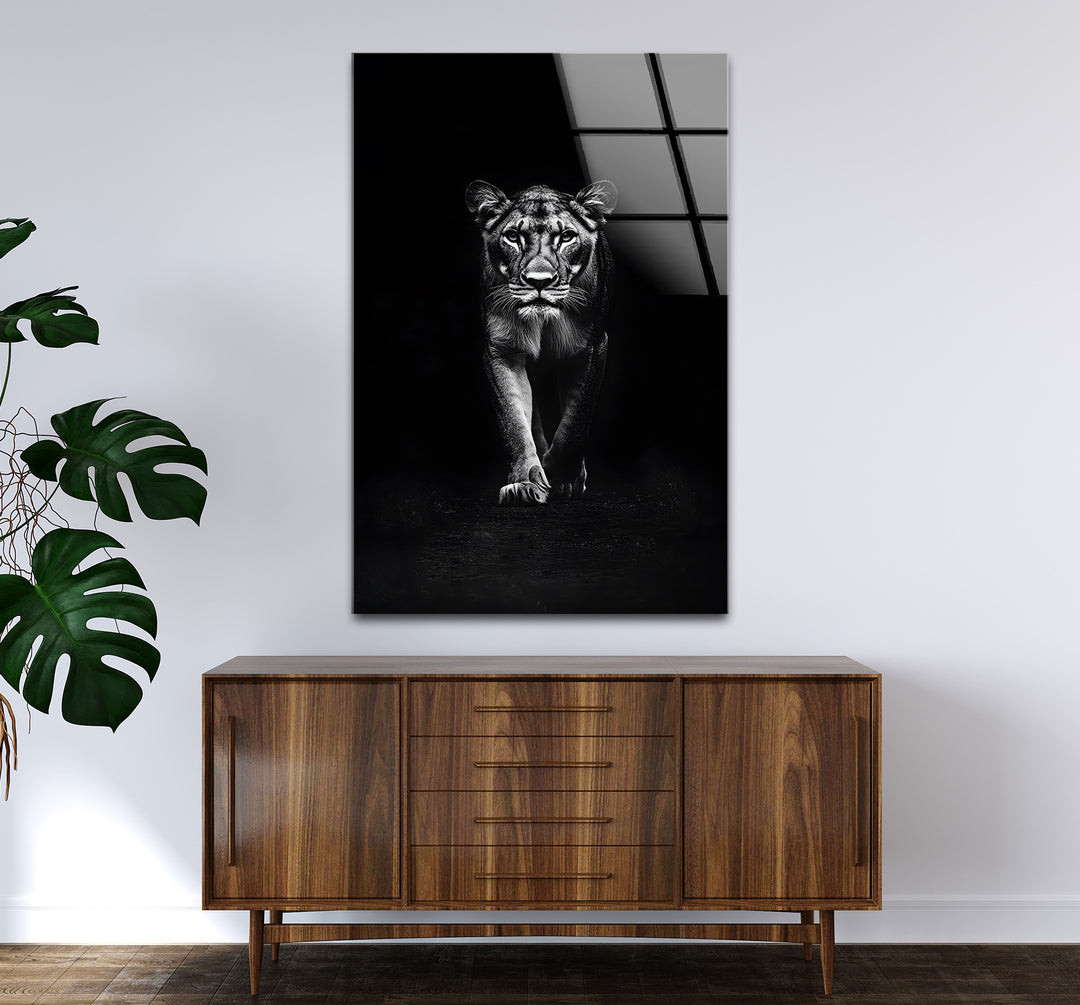 Lion’s Gaze: Bold Black and White Glass Wall Art
