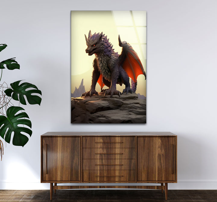 A fierce and majestic purple dragon, ready to take flight, designed on durable glass for lasting beauty.
