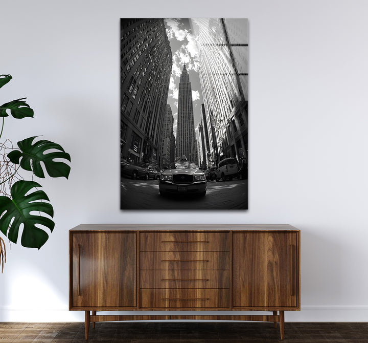 Bold black and white framed art of New York City blending historic landmarks with artistic elegance
