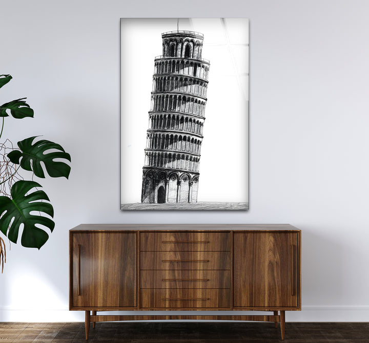 Unique black and white wall decor showcasing the Pisa Tower in a dramatic and artistic perspective.