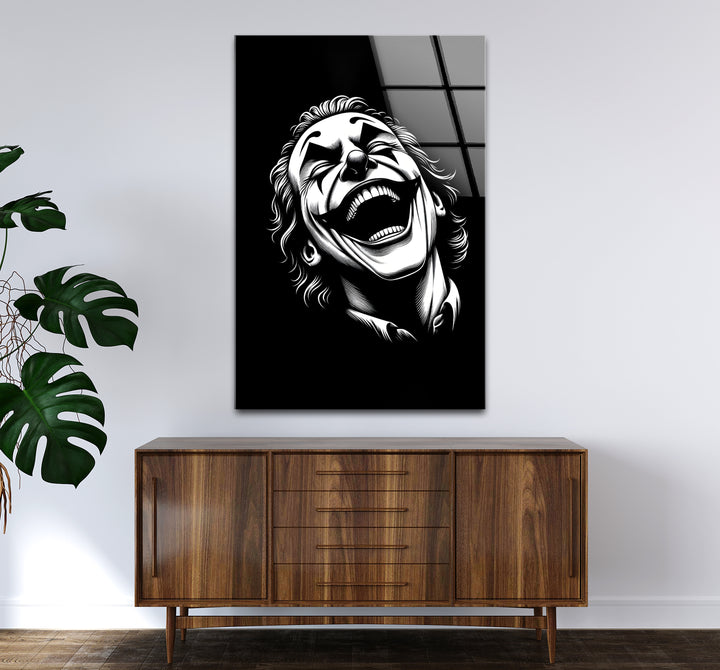 Captivating black and white wall decor featuring the Joker in a dramatic laughing pose
