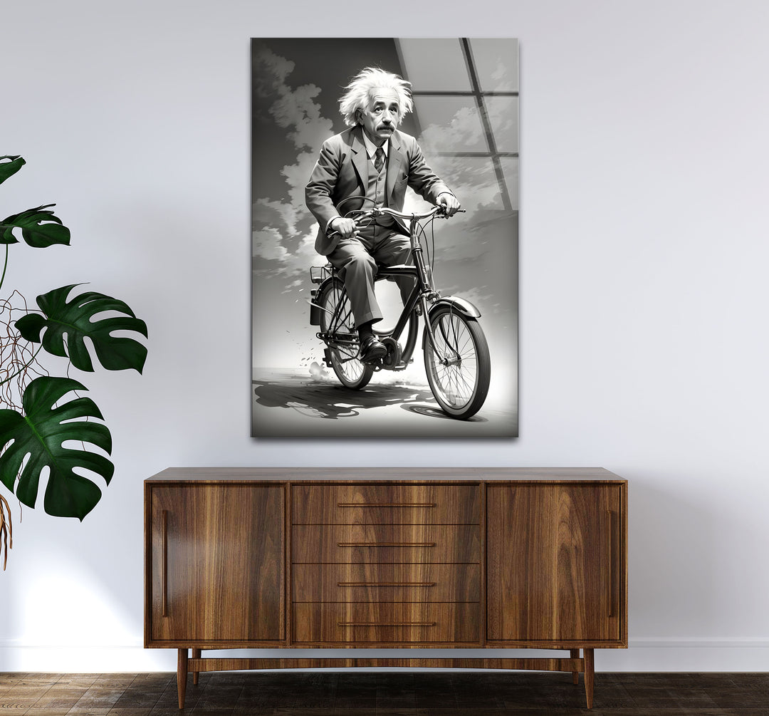 Modern black and white wall decor showcasing Einstein cycling with artistic shading and bold contrasts.