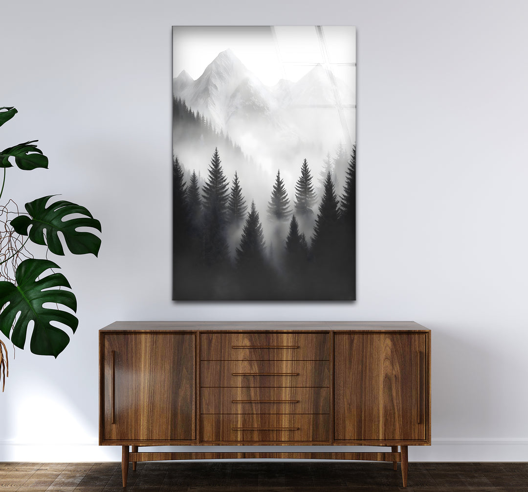 Stylish black and white wall art showcasing the elegance of mist-covered mountains in a dramatic design
