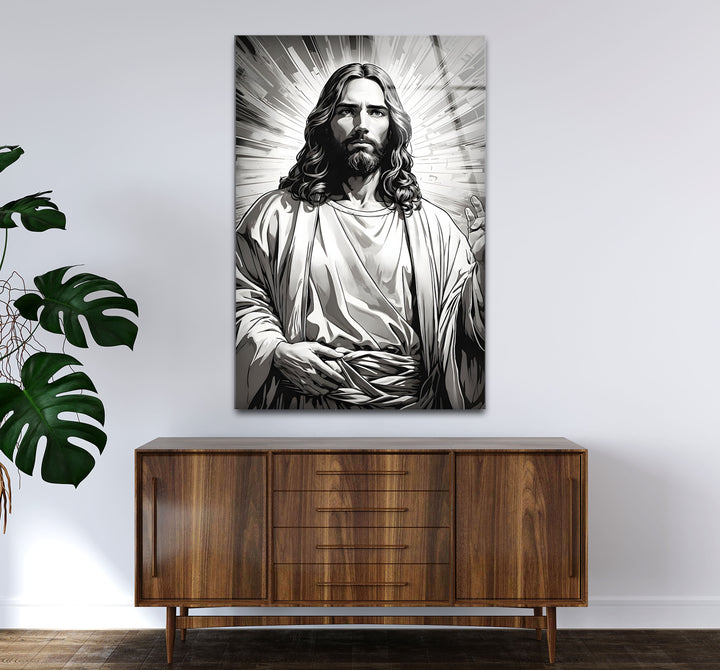 Stylish black and white framed art of Jesus Christ, blending spiritual reverence with modern aesthetics.