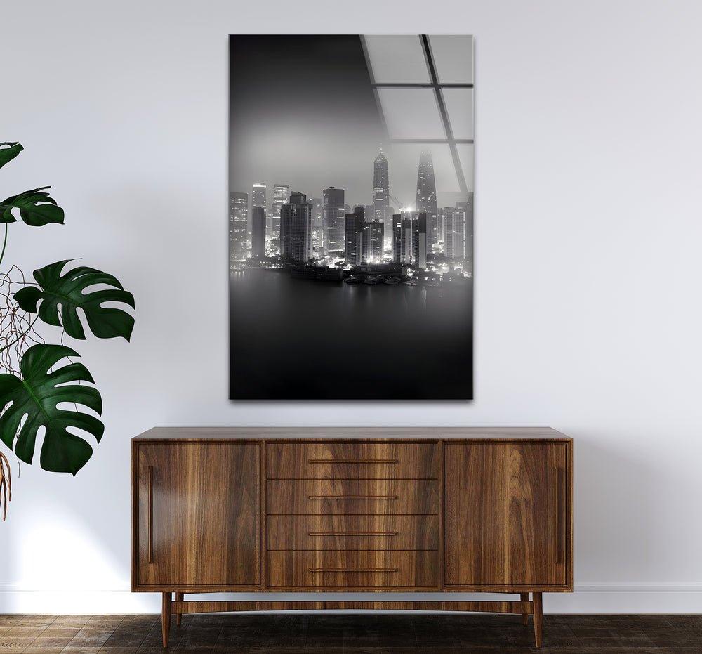 Stylish black and white artwork showcasing Shanghai's skyline in a dramatic monochrome design.