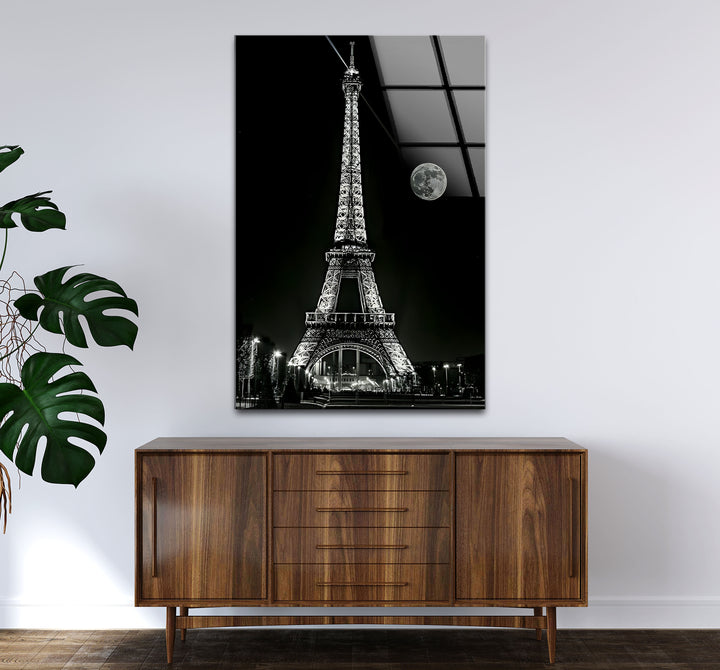 Modern black and white framed art capturing the Eiffel Tower from a unique perspective.