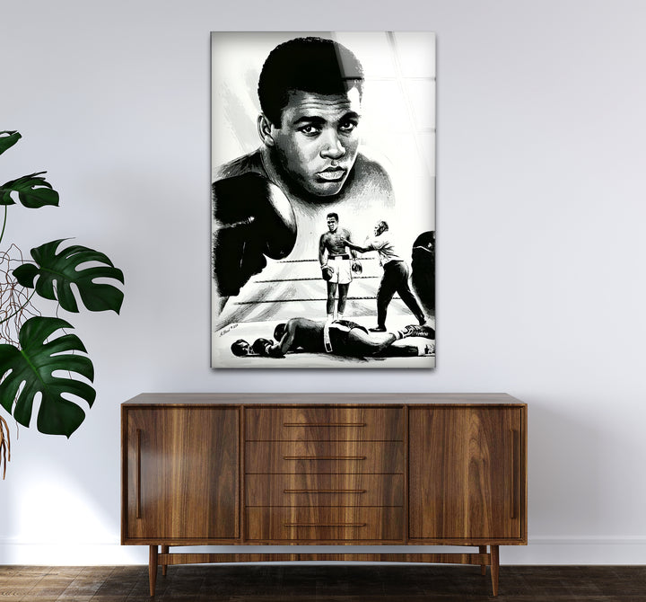 Sophisticated black and white framed art capturing the strength and charisma of Muhammad Ali.