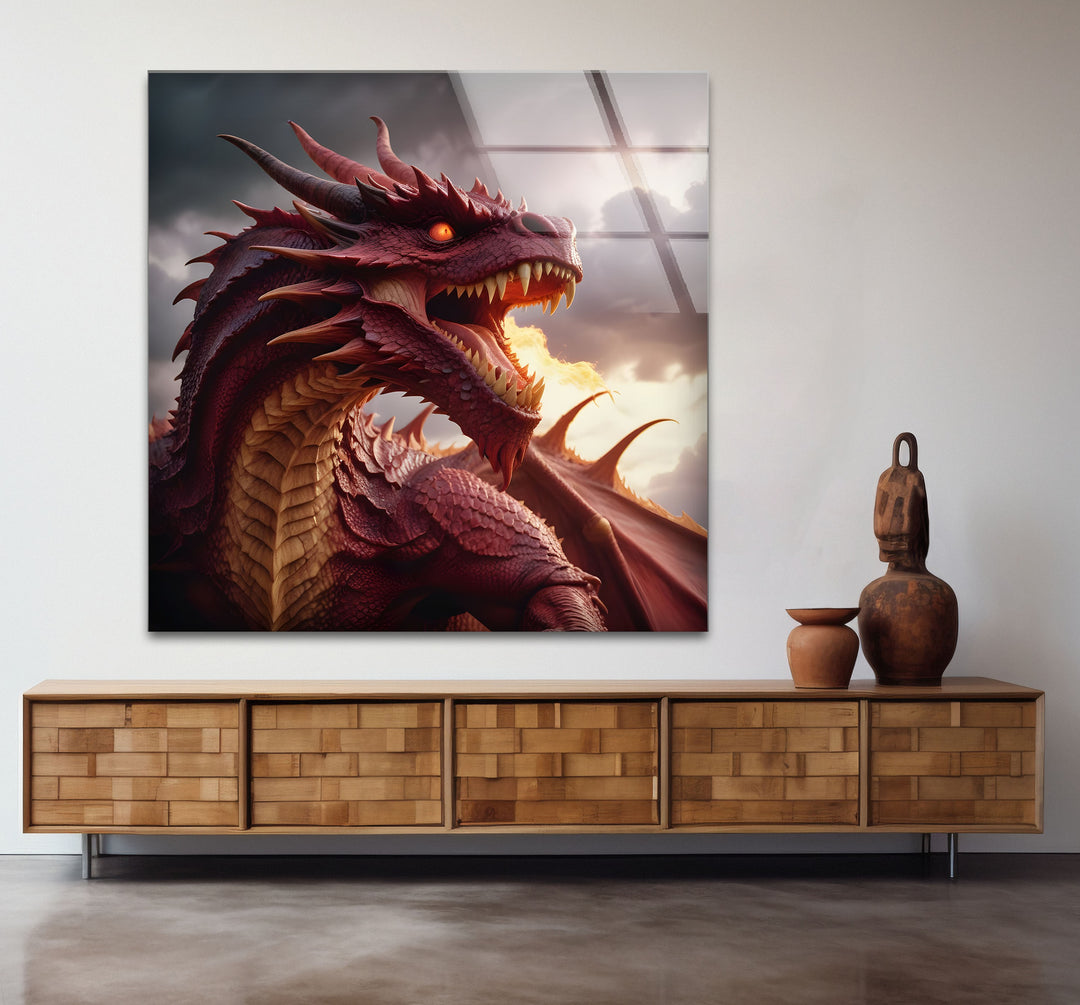 A majestic red dragon, standing tall with fiery breath, creating an epic fantasy atmosphere on glass.
