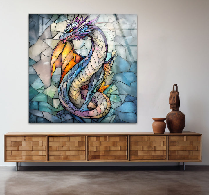 Fantasy Dragon Wall Art – A Vibrant Stained Glass Style Glass Print
