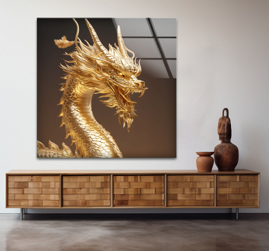 A fierce golden dragon, exuding power and mystique, perfect for any fantasy lover's collection on glass.
