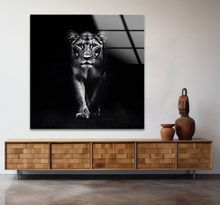 Fierce Majesty: Stunning Lion Portrait in Black and White on Glass
