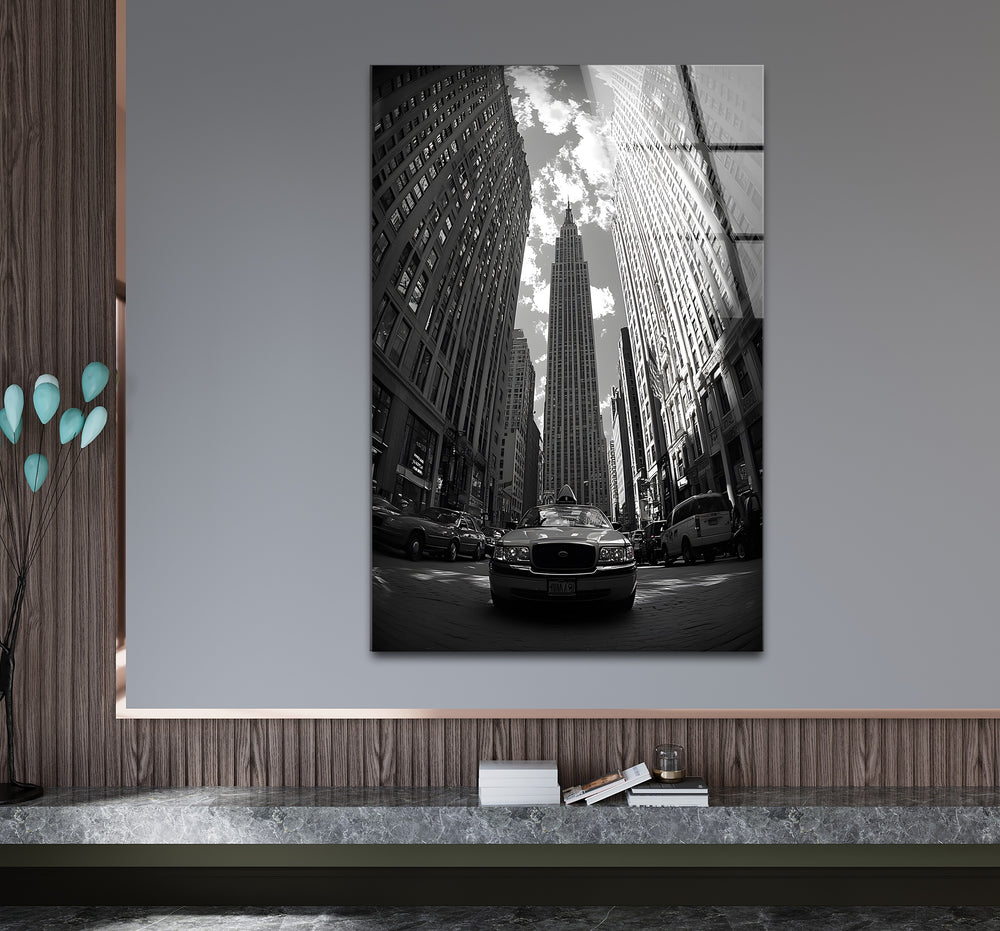 Stylish black and white wall art showcasing iconic New York City landmarks in a dramatic composition
