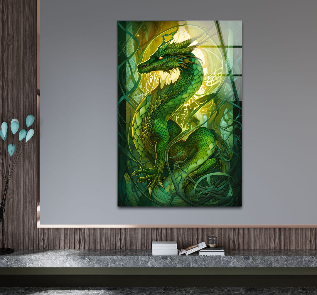 Green Dragon: A fierce and enchanting dragon, surrounded by nature’s beauty, creating a calming atmosphere.
