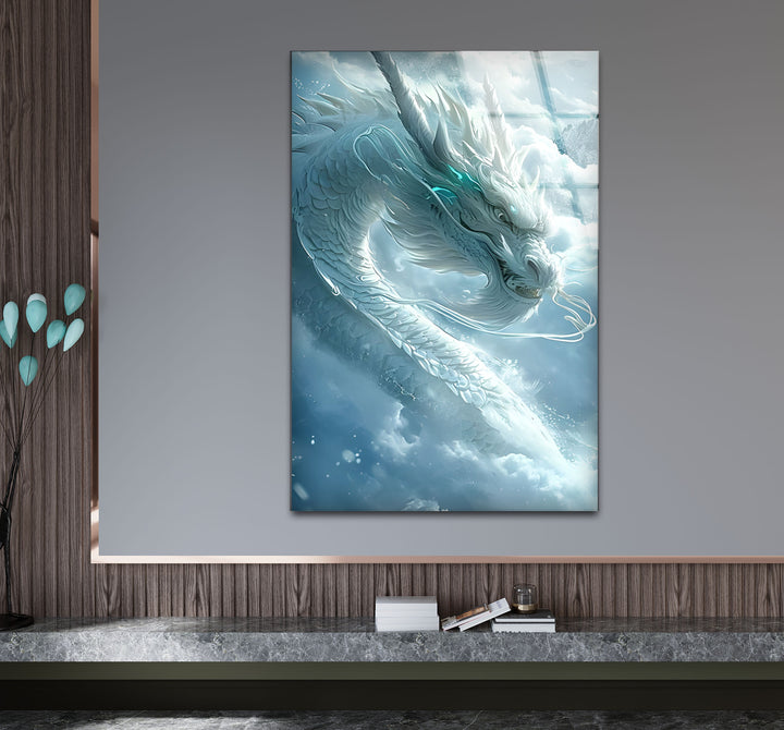 White Dragon: A breathtaking dragon soaring through soft clouds, perfect for fantasy lovers.
