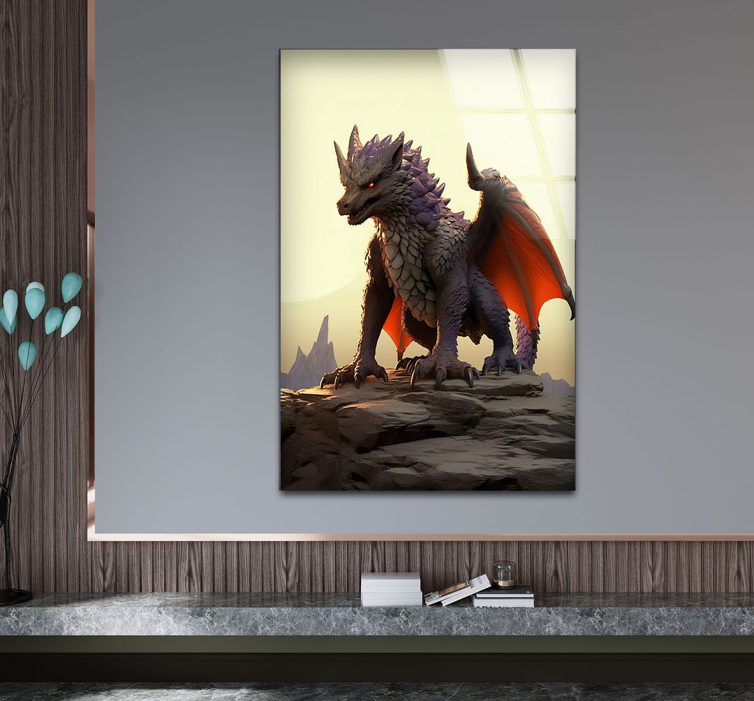 Experience the fantasy world with a stunning purple dragon artwork, featuring intricate details and fiery wings.
