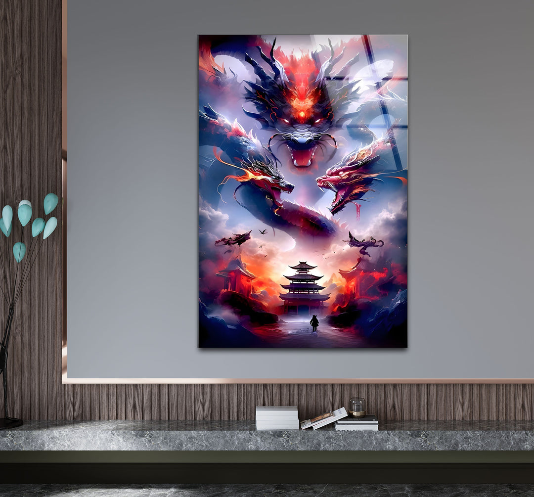 Epic dragons in a fiery world, perfect for fantasy decor.
