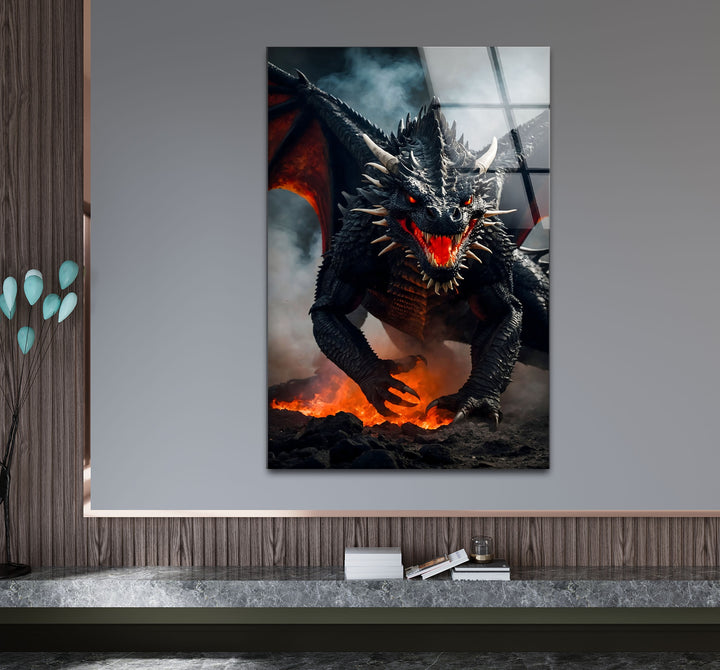 A dramatic and powerful Majestic Dragon glass wall art that captures the raw energy of a mythical creature.
