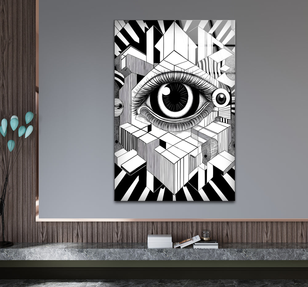 Stylish black and white wall art showcasing a dramatic surrealist eye in a minimalist composition
