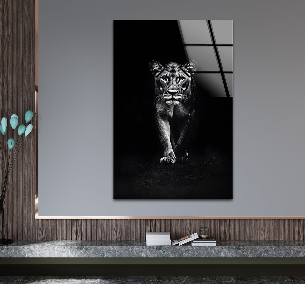 Lion in Motion: Powerful Black and White Glass Wall Art
