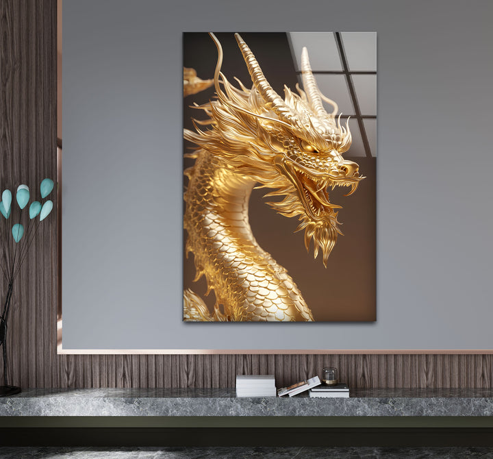 Transform your space with the majestic presence of a golden dragon, captured in vibrant glass wall art.
