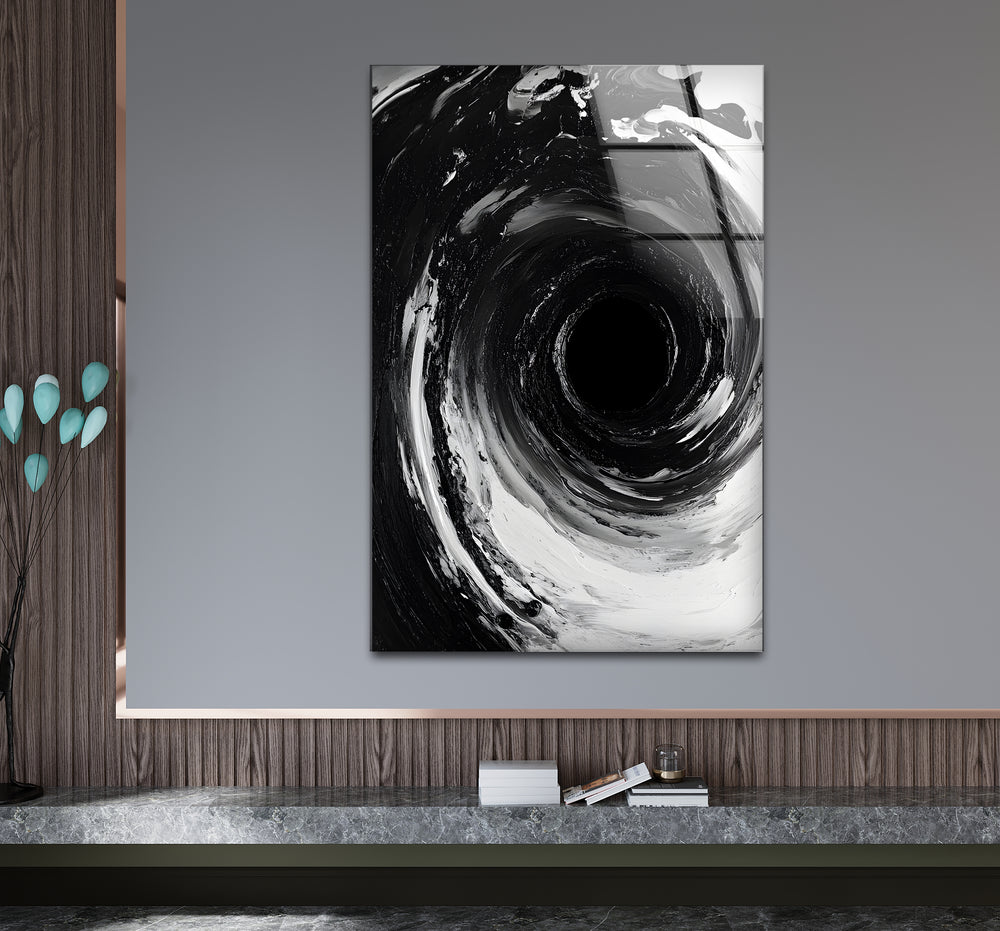 Stylish black and white wall art showcasing a dynamic vortex design in an artistic composition
