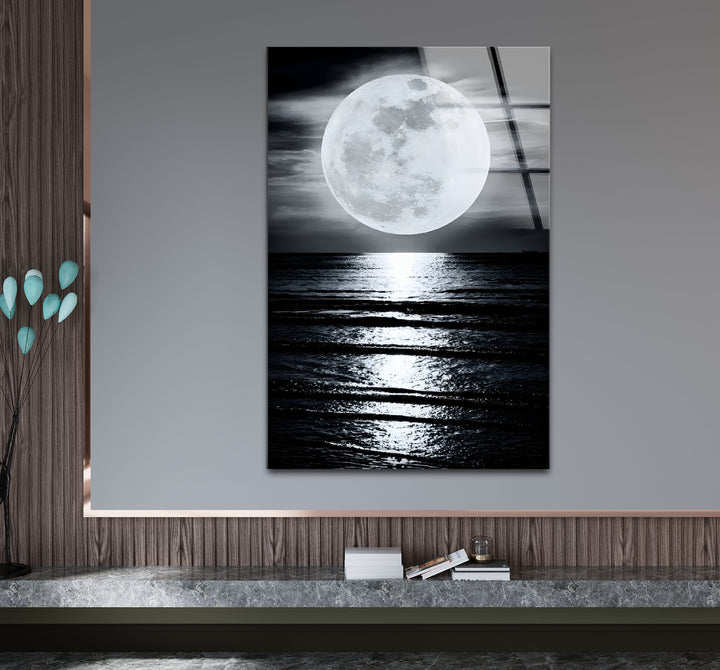 Captivating black and white artwork of a serene moonlit night with detailed reflections on water.