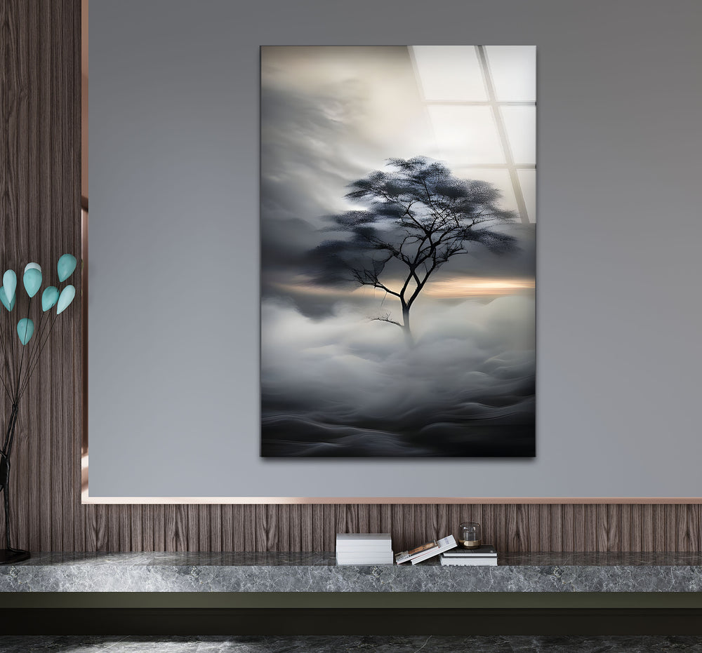 Sophisticated black and white artwork showcasing a lonely tree in a serene and minimalist design.