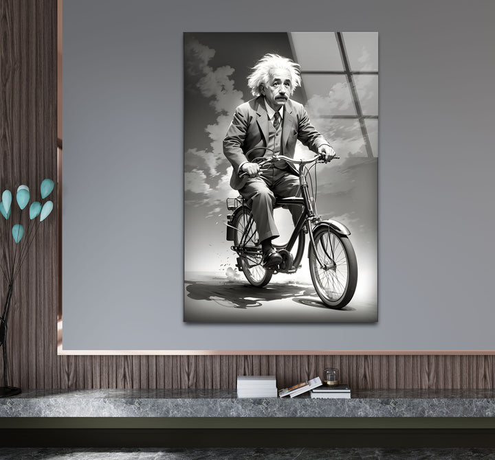 Sophisticated black and white artwork capturing Albert Einstein on a bicycle in a whimsical moment.