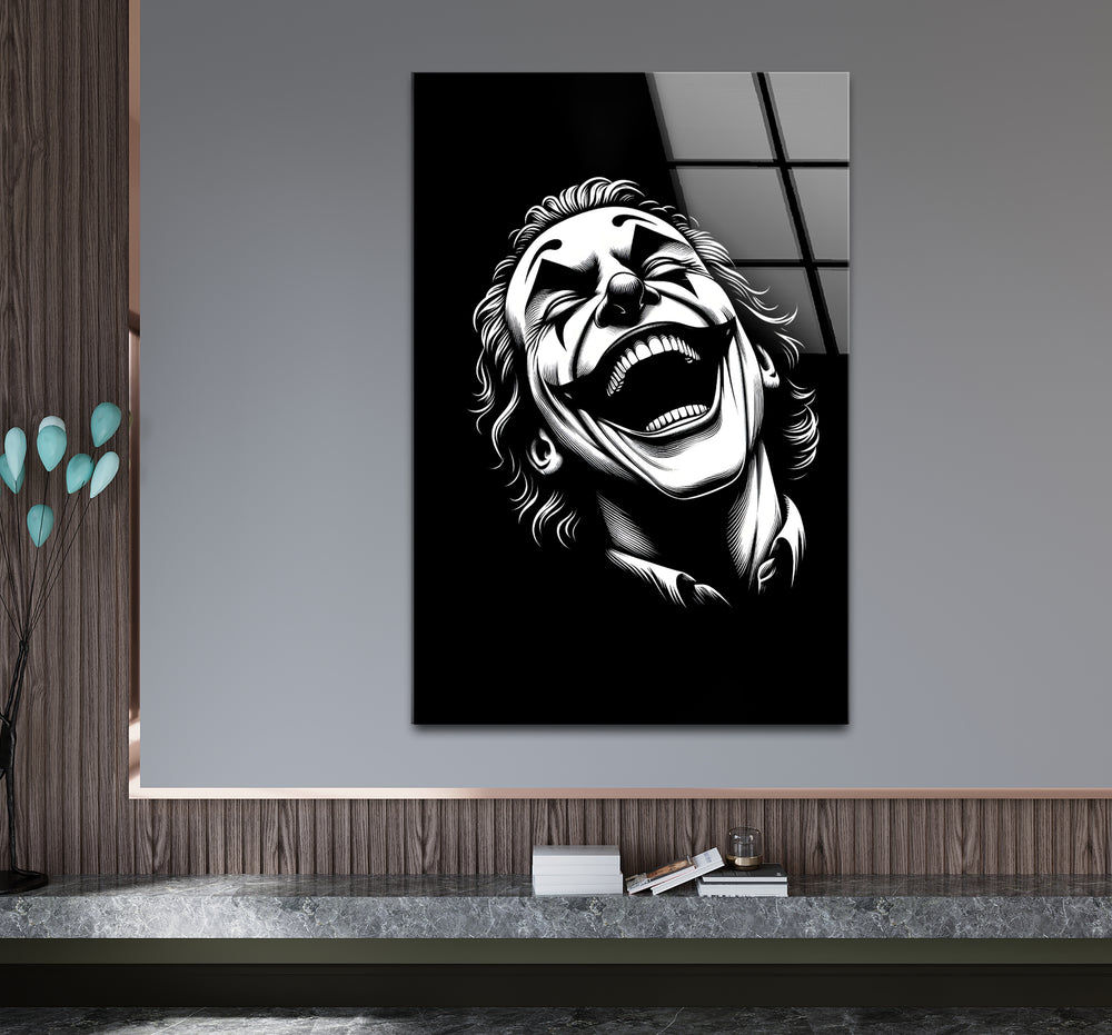 Stylish black and white wall art showcasing the Joker's laughter with intricate details
