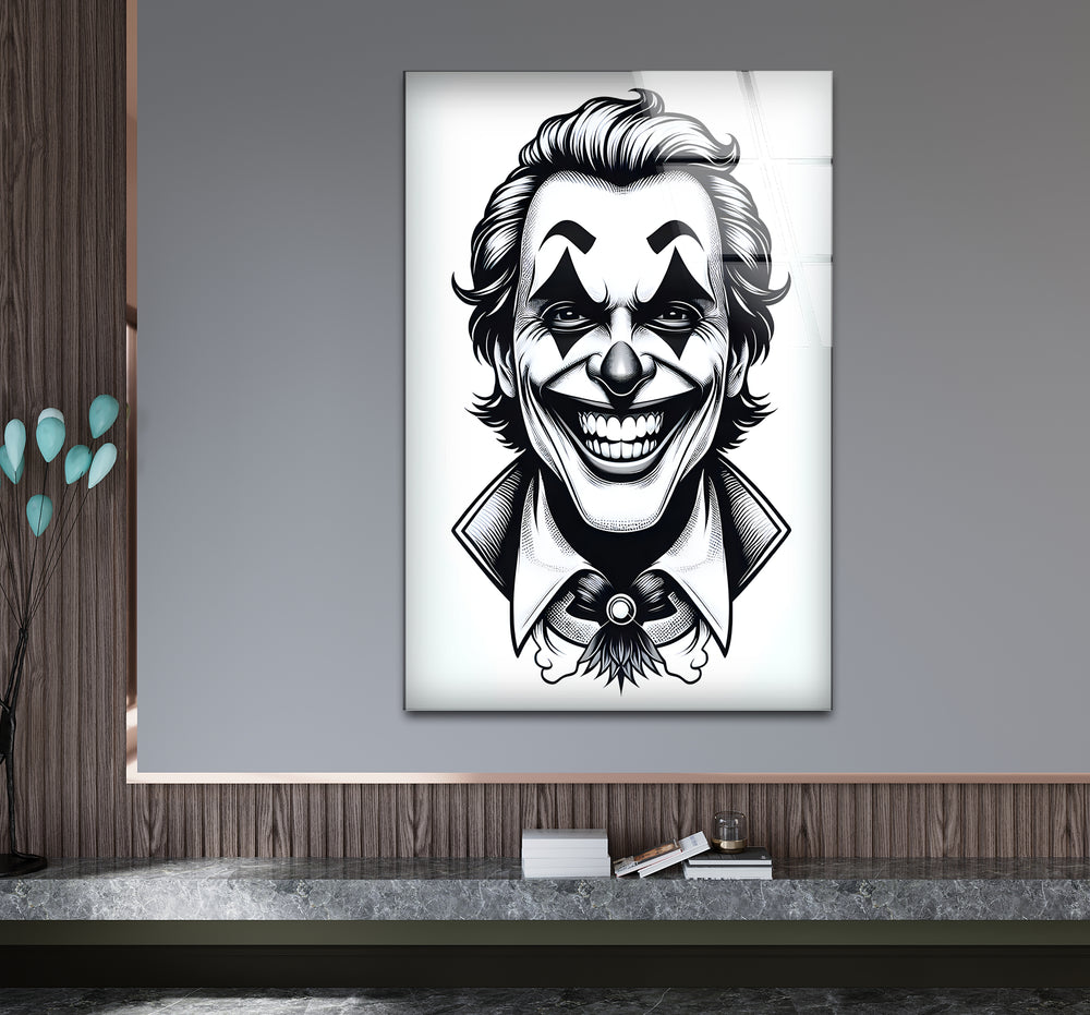 Stylish black and white artwork showcasing the iconic Joker in a striking and intense pose.