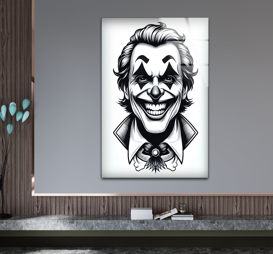 Stylish black and white artwork showcasing the iconic Joker in a striking and intense pose.