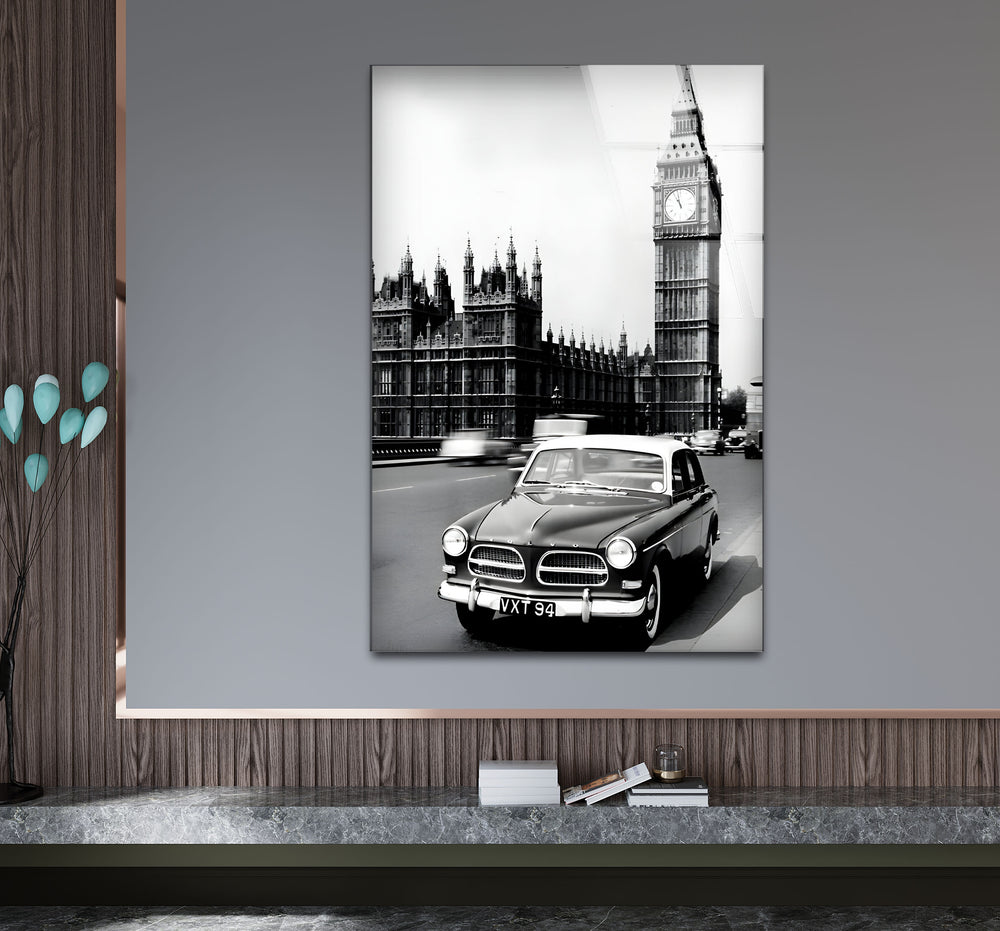 Sophisticated black and white artwork capturing the charm of a historic London street in a timeless style.