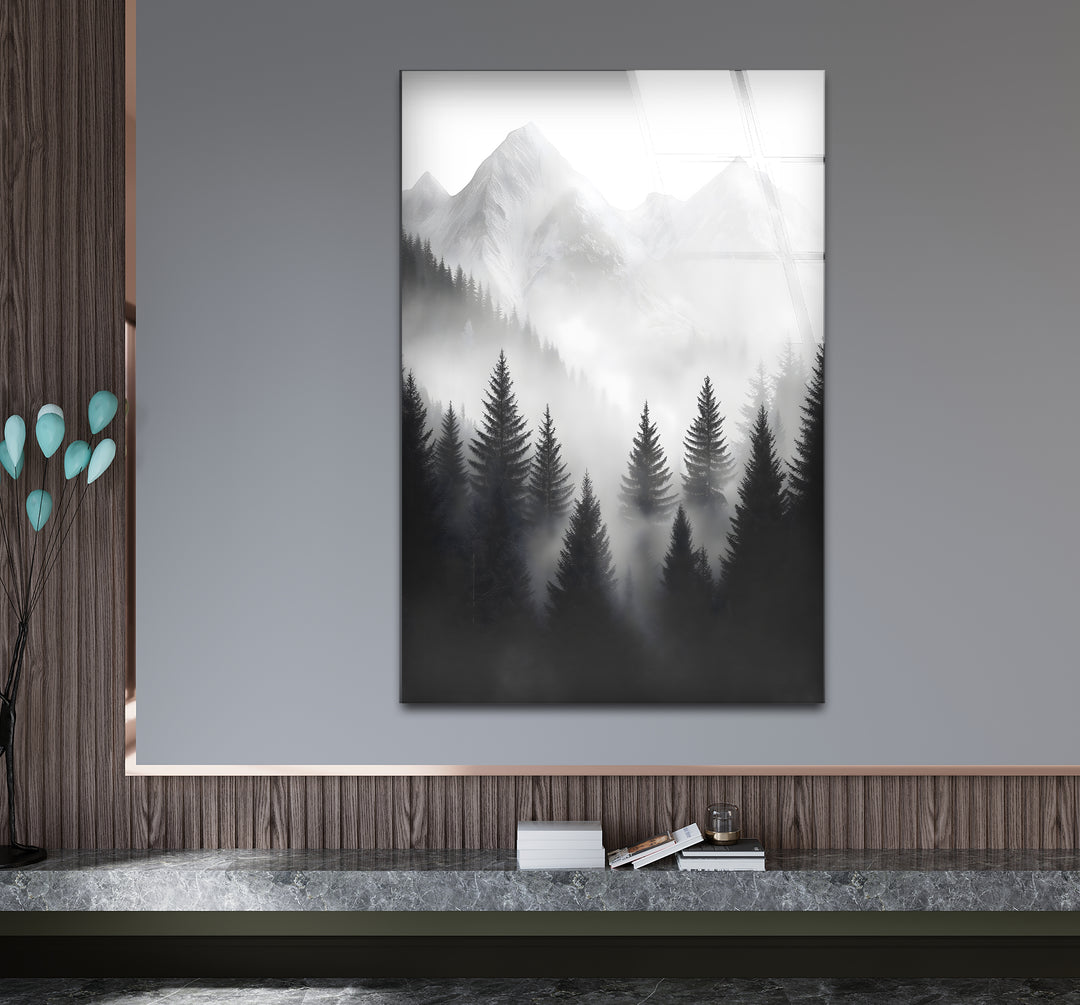 Striking black and white abstract art celebrating the tranquility of misty mountains in a dynamic design
