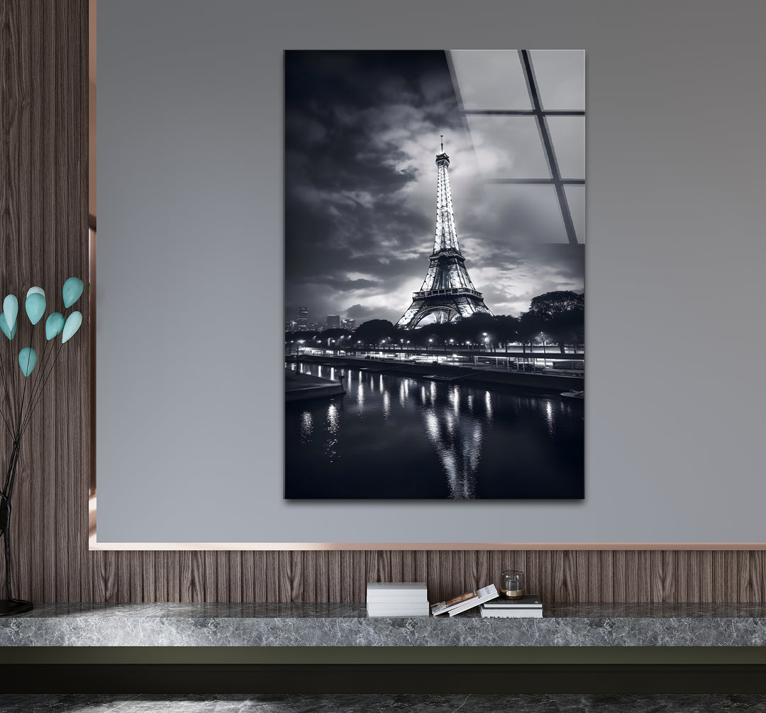 Stylish black and white wall art showcasing the iconic Eiffel Tower in a dramatic composition
