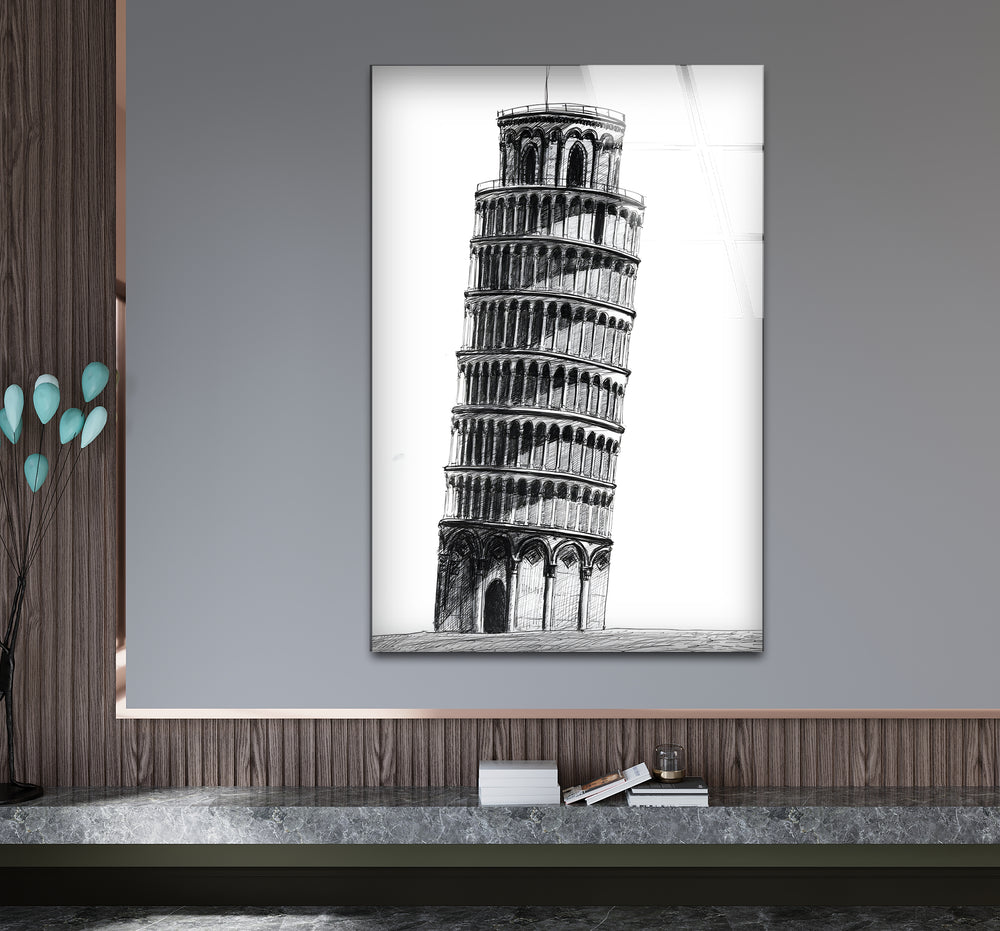 Sophisticated black and white artwork showcasing the iconic Pisa Tower with intricate shading.