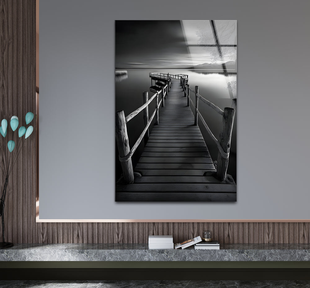 Stylish black and white wall art showcasing a serene dock landscape with intricate details
