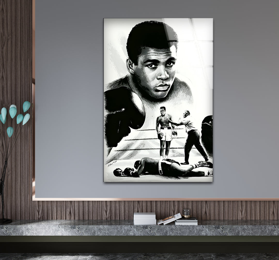 Stylish black and white artwork showcasing Muhammad Ali in a powerful and inspiring pose.