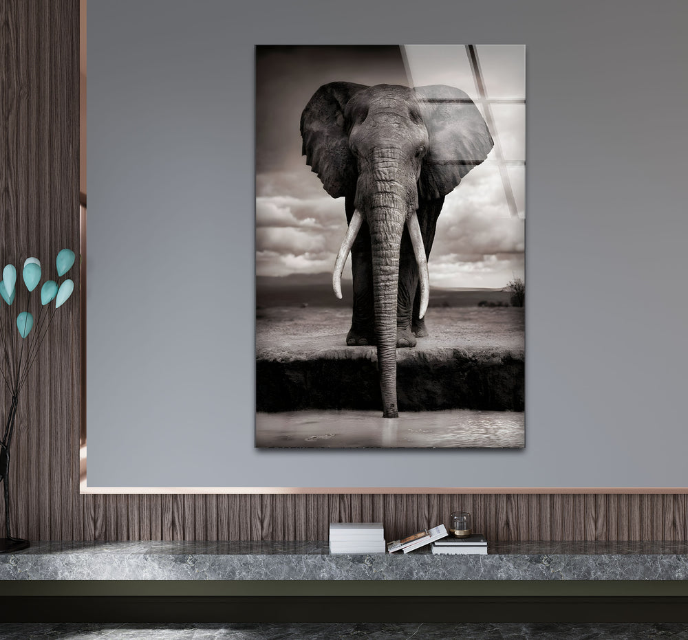 Sophisticated black and white artwork showcasing an elephant in a timeless and artistic composition.