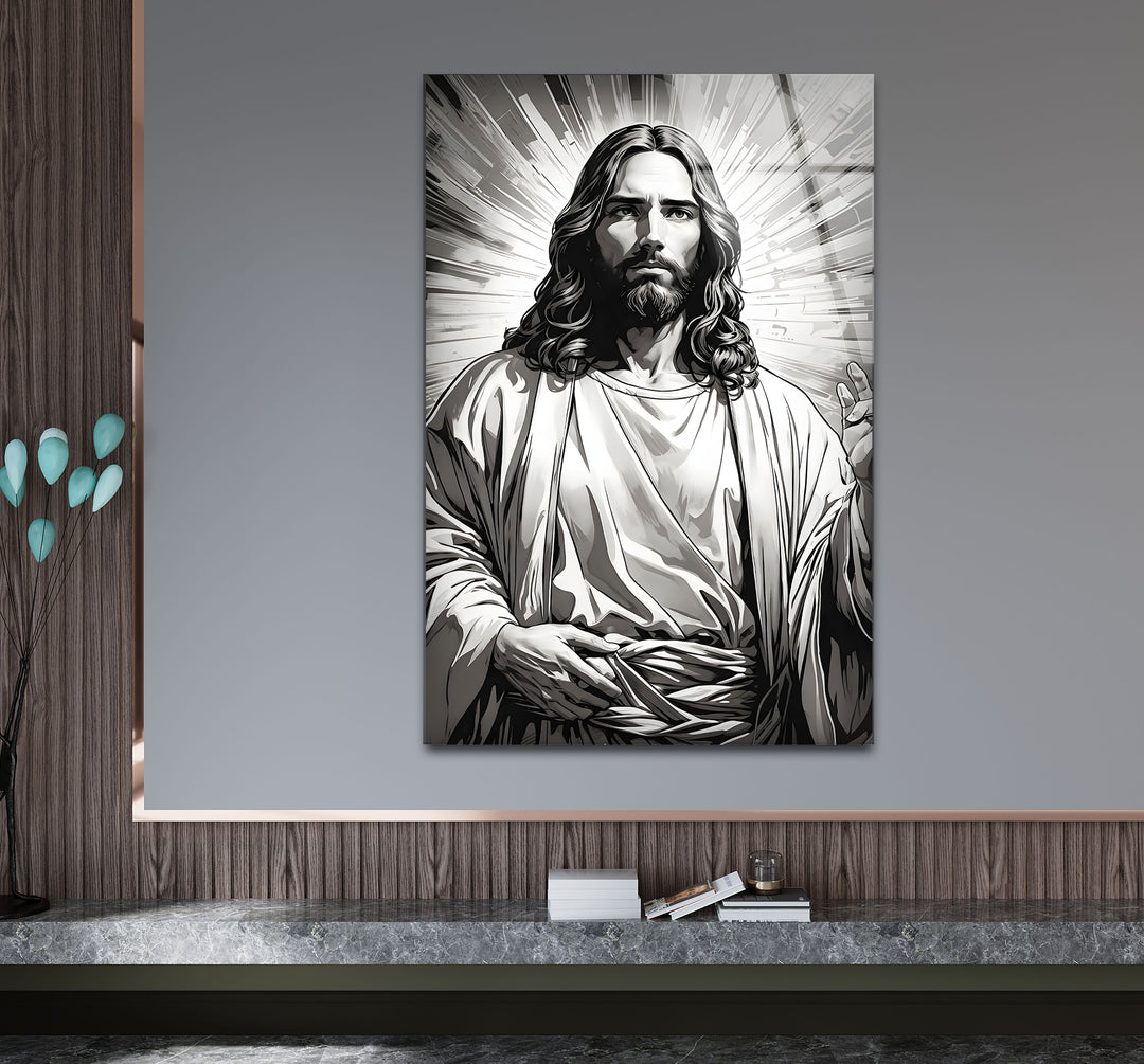 Sophisticated black and white artwork capturing the serene expression of Jesus Christ with intricate shading.